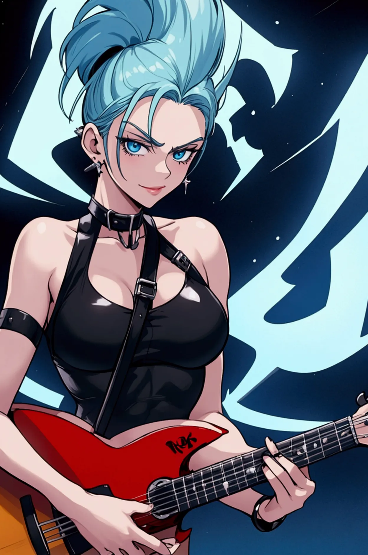 man mclain but danny phantom, man mclain mujer, playing the guitar, she is wearing a black top that is held up by a strap on her...