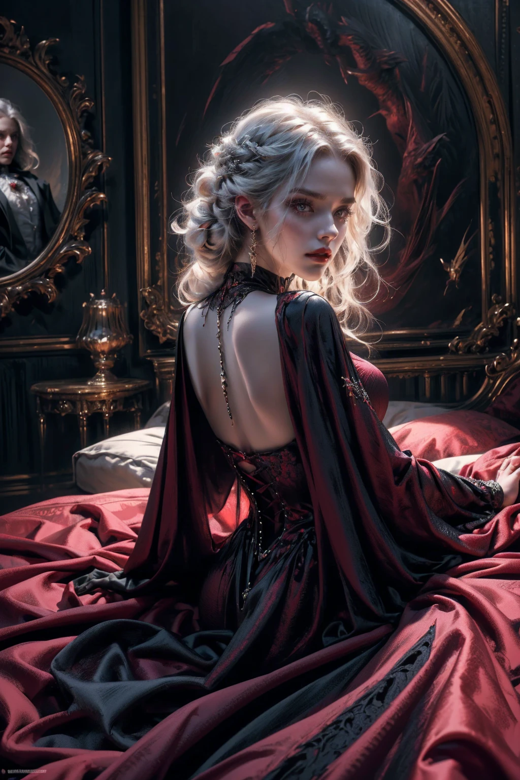 (beautiful vampire woman, pale skin, very long white hair, red golden eyes, black gown, black victorian dress, piercing look, red lipstick, laying on the bed, backwards, looking back, 4k, 8k, highres, masterpiece:1.2, ultra-detailed, realistic, photorealistic:1.37, HDR, UHD, studio lighting, ultra-fine painting, sharp focus, physically-based rendering, extreme detail description, professional, vivid colors, bokeh, portraits)