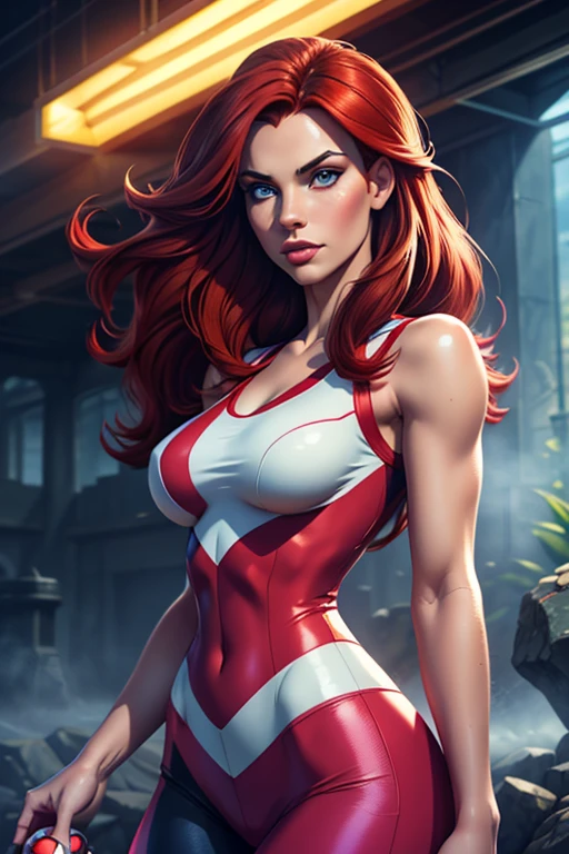 A young woman with long red hair, Misty, holding a pokeball, beautiful detailed eyes, beautiful detailed lips, extremely detailed face, longeyelashes, tight-fitting outfit, 1, misty setting, hazy background, pokemon, fantasy, digital painting, 8k, photorealistic, highly detailed, vibrant colors, dramatic lighting, cinematic composition