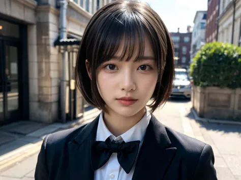 (masterpiece:1.3), (8k, Realistic, RAW Photos, Highest quality: 1.4), (One person), Beautiful Face, (Realistic Face), (Black Hair, short hair:1.3), Beautiful hairstyle, Realistic eyes, Beautiful attention to detail, (Realistic Skin), Beautiful Skin, black cropped blazer，White shirt，Black trousers，Black bow tie, Absurd, Charm, Ultra-high resolution, Ultra-realistic, Very detailed, Golden Ratio、