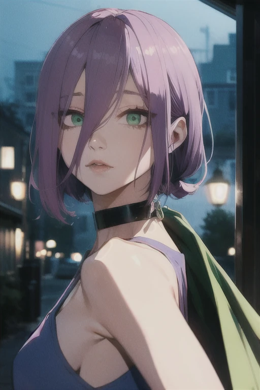 (Highest quality)、(Highest quality)、cut、Chainsaw Man、cute、(choker).eyes are emerald、Her hair is purple、Short Bob、Beautiful night view、whole body、detailed、強力なdetailed、cut、((envy)).