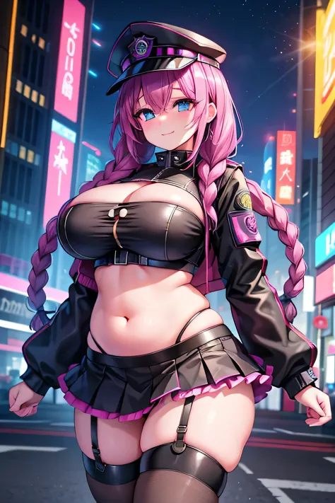 hentai、high resolution、smile、cyber punk、a busty police officer with braids and a plump body shows off her sexual appeal at a fut...