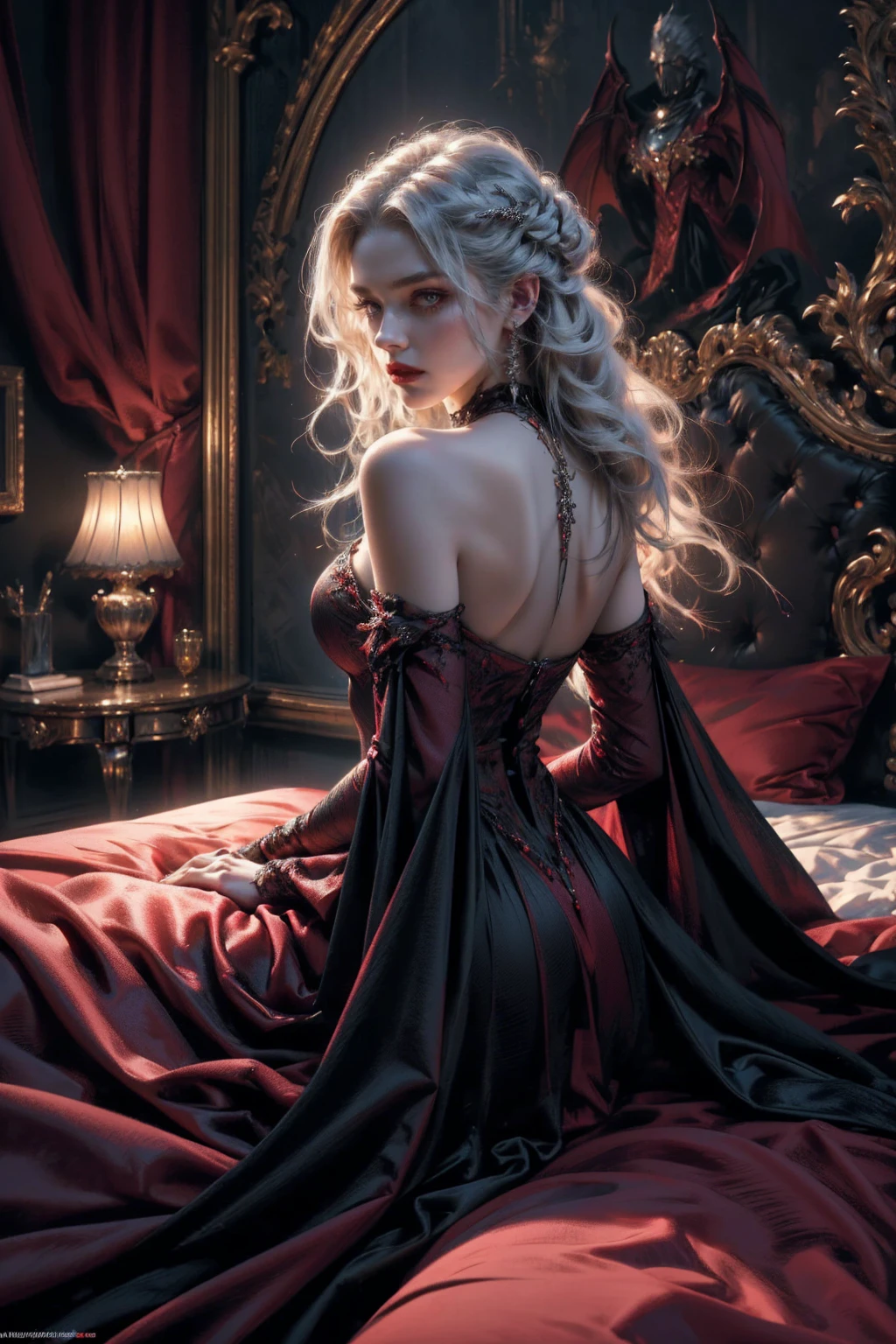 (beautiful vampire woman, pale skin, very long white hair, red  eyes, black gown, black victorian dress, piercing look, red lipstick, laying on the bed, backwards, looking back, 4k, 8k, highres, masterpiece:1.2, ultra-detailed, realistic, photorealistic:1.37, HDR, UHD, studio lighting, ultra-fine painting, sharp focus, physically-based rendering, extreme detail description, professional, vivid colors, bokeh, portraits)