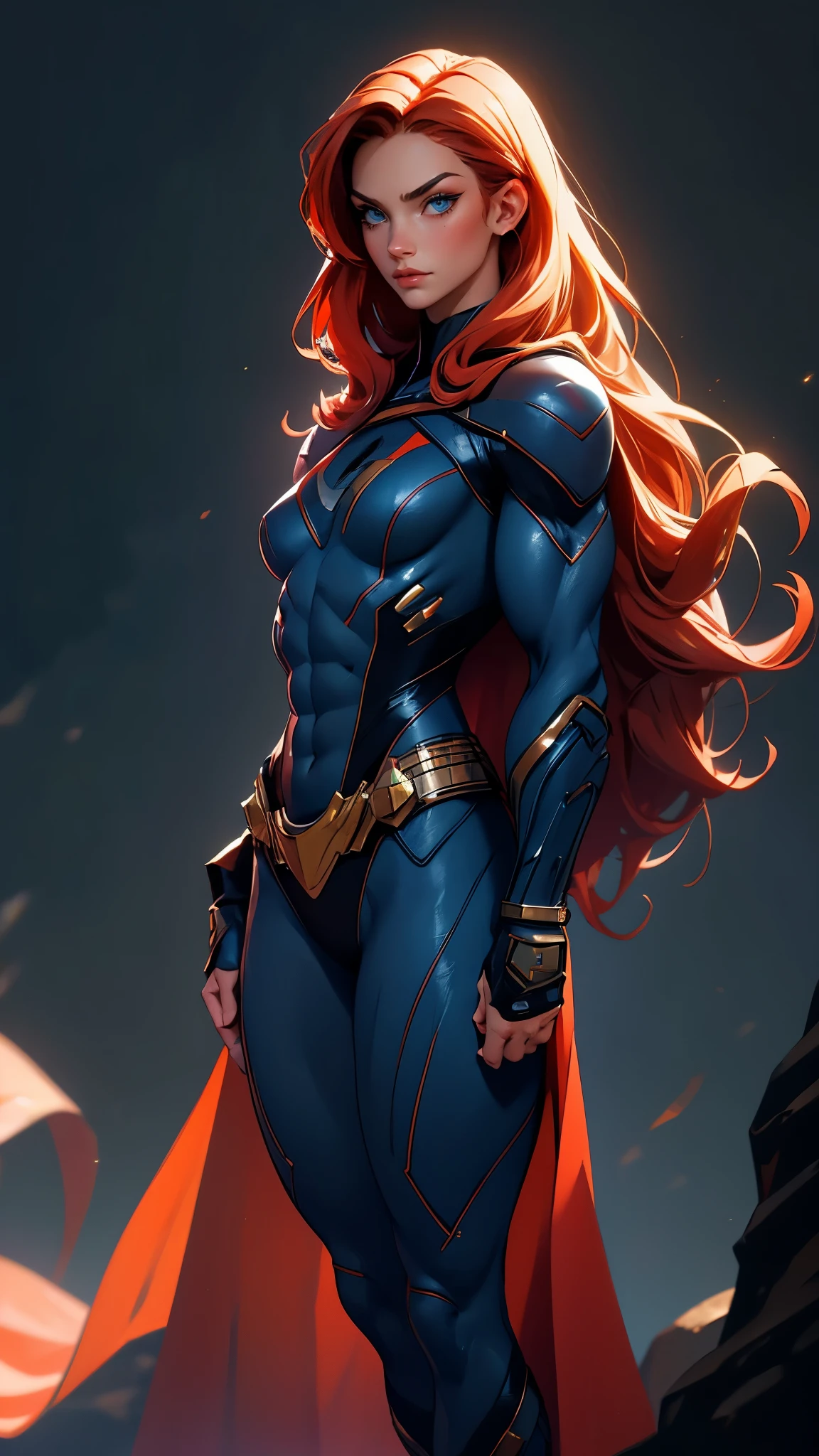 envision a 8k, highres, cinematic, beautiful full body Pinup of a Strong warrior woman with masculine features with a ((masculine slender muscular body)), ((flat chest)), manly features, thin lips, strong face, long red hair, side locks, long bangs, blue eyes, Black tight superhero suit, black Cape, ((((1girl)))), in dark lighting, against a dark gray background