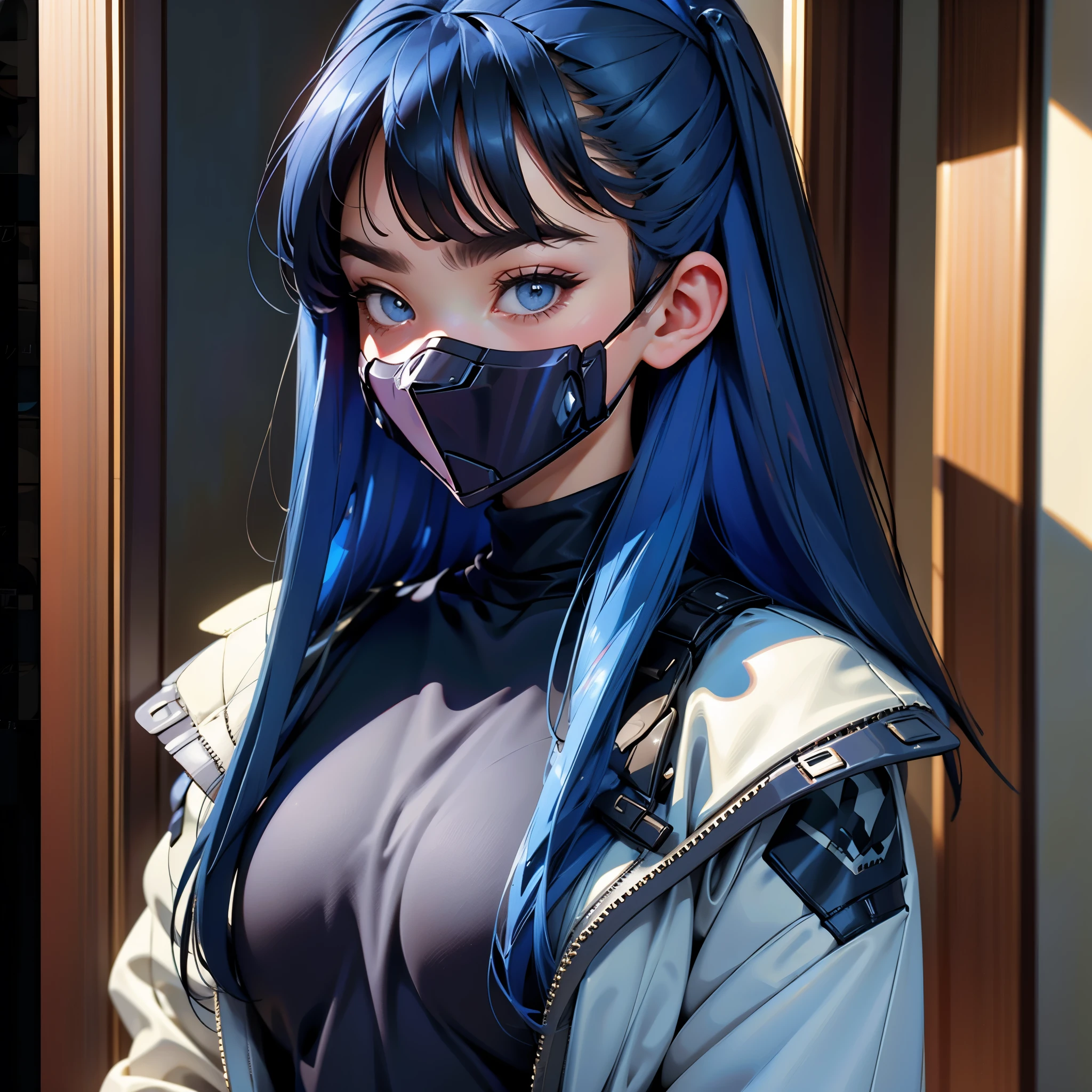 envision a 8k, highres, cinematic, beautiful extreme close up face Pinup of a sexy soft shy woman with a slender muscular body, mature older face, tan skin, (((long dark Cerulean blue colored hair))), side locks, long bangs, Cerulean blue colored eyes, (blush, soft eyes, Saori, face mask, mask jk, black cap, cropped shirt, cropped jacket, gloves, ((((1girl)))), in dark lighting, against a dark gray background