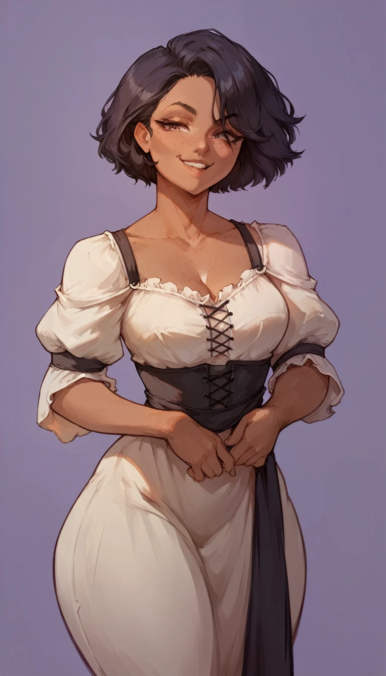 (solo) female , black short hair, woman, attractive ,medieval peasant dress , thicc, freckles, freckles on face, smug eyes, (happy expression), she is standing look to the viewer , violet background, simple background, thick thighs  (front view)  (dark skin)