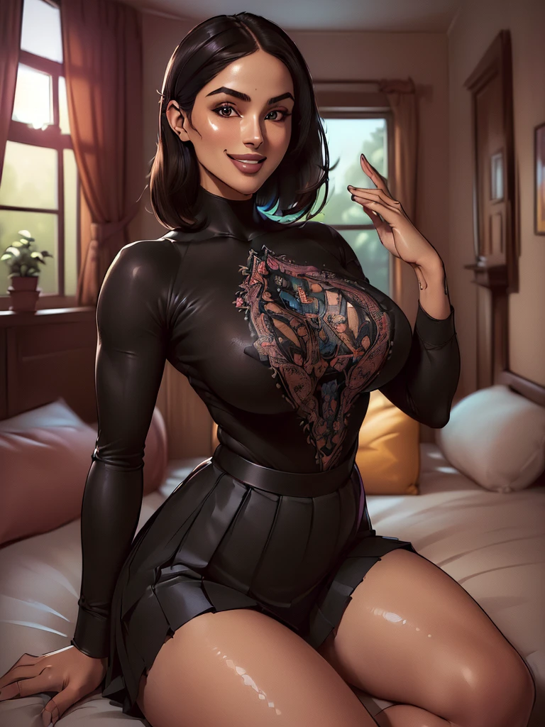 ((Highest quality:1.6)), ((Detailed:1.4)), (Ultra-high resolution:1.6)(Detailed:1.6), (Perfect face:1.4), (Detailed illustration:1.6), (Ultra-high resolution:1.6), ((Type: 2 female))
((Body: hourglass))
((Appearance: brunette, short black hair, long smile, almond-shaped face))
((Clothes: black loose T-shirt, black pleated skirt))
((Background: bedroom by the window))
((Action: smiling at the camera))
((Accessories: headphone))