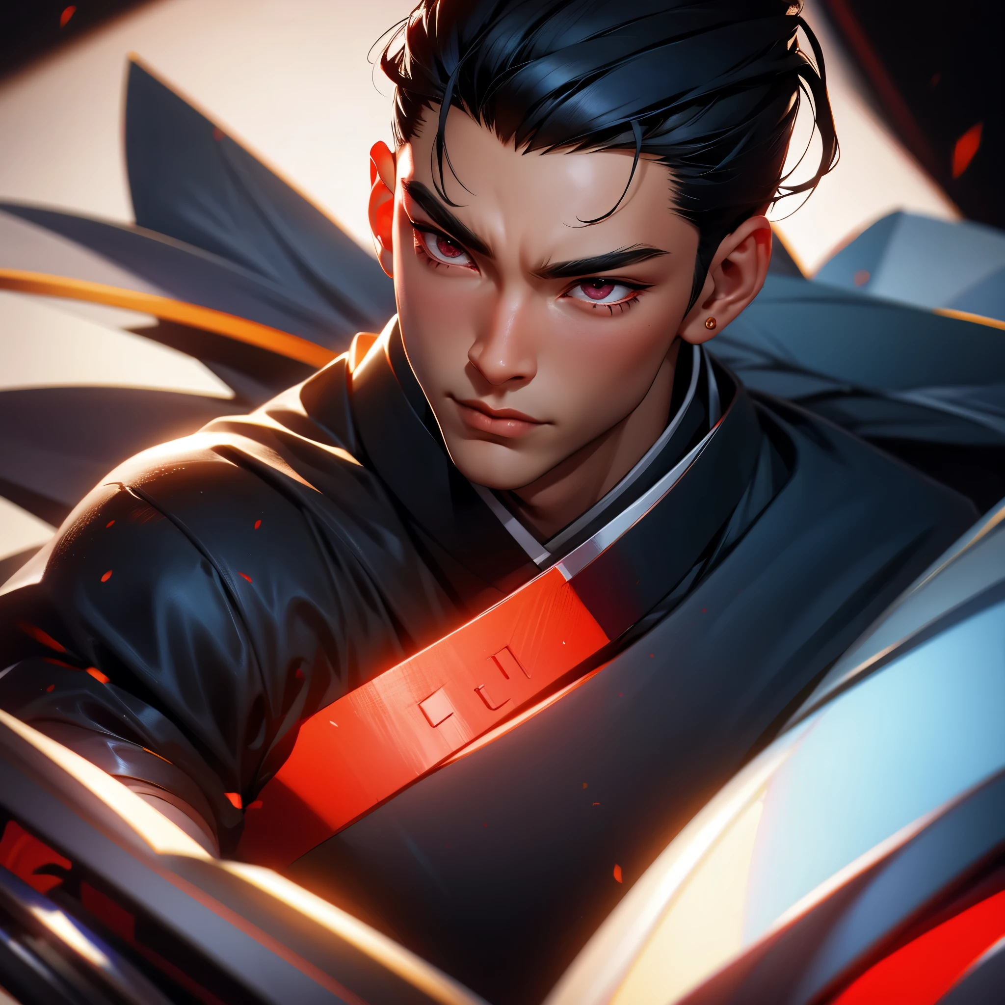 envision a 8k, highres, cinematic, detailed, semi realistic close up face pinup of a handsome Japanese man a muscular body, clean shaved, and short sleek black hair, red eyes, Tengan, (((1boy))), in dark lighting, against a dark background