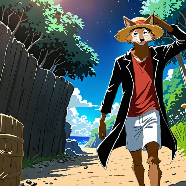 Wolf with brown fur similar to the character "Legoshi" from Beastars wearing a straw hat "Luffy" de One Piece, Wearing a red shirt and black jacket, standing with one hand adjusting a straw hat with a red band, in an outdoor environment with soft natural light, triumphant walk, ears poking through the straw hat, shadow of the straw hat covering the eyes, destruction scene in the background like Onigashima from One Piece, night with few stars, art style of "アニメ", 4k drawing quality, almost realistic brown fur. 