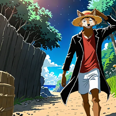 wolf with brown fur similar to the character "legoshi" from beastars wearing a straw hat "luffy" de one piece, wearing a red shi...