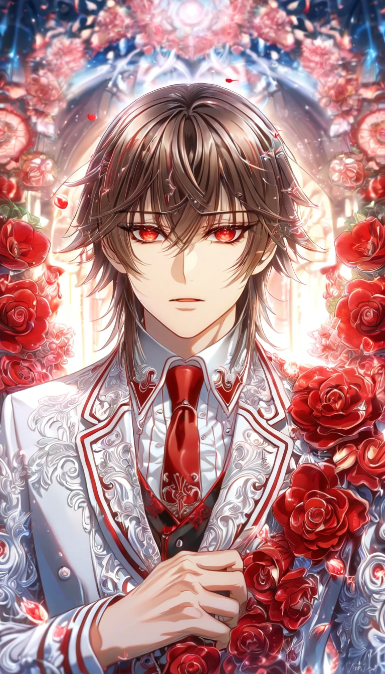 absurdres, highres, ultra detailed, HDR, master piece, best quality, extremely detailed, detailed eyes, detailed face, Kaname Kuran, brown hair, short hair, expressive red eyes, Vampire Knight, solo, sexy man, handsome, sensual, adult face, mature man, white jacket, white shirt, red necktie, vampire knight uniform, red radiant butterflies, red petals, red flowers, magical, fantasy, crystalline, flower gate