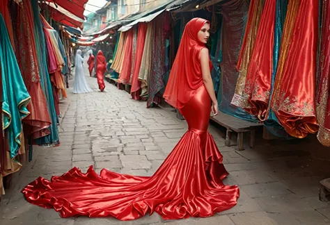 a woman shrouded in 9 meters of red silk shimmer, tight wrapped from the waist to the thighs and mermaid shape on the bottom of ...