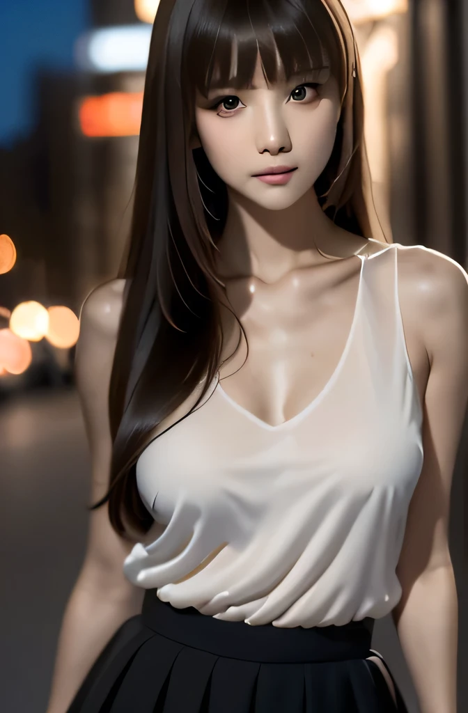 (((best quality))),1 female,slender face,(((arms behind))),(((cool beauty))),Black Hair,Brown Eyes,medium hair,straight hair,small breasts,looking at viewer,bed,2,No pubic hair,Height: 160cm,(full body),blouse,Standing in a busy street at night,mini skirt,Provocative look,bangs,Seductive expression