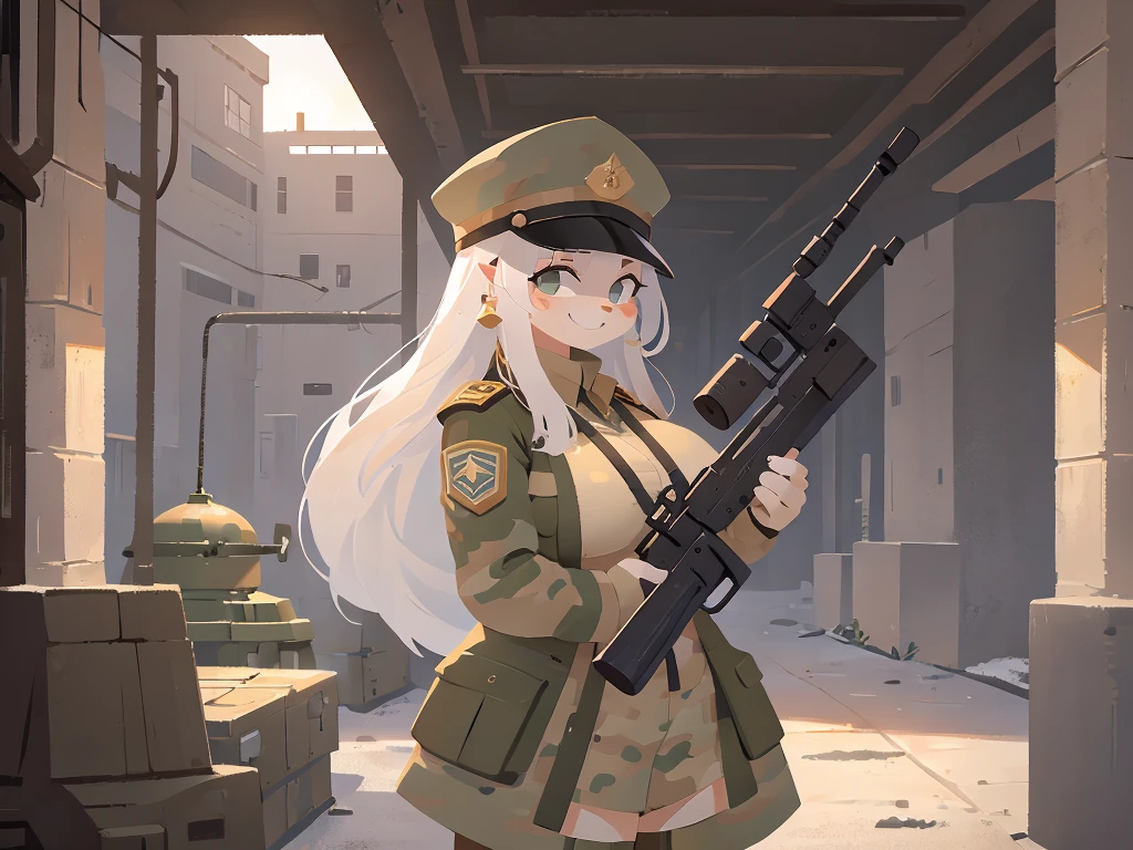 a detailed portrait of a female white rabbit with long white hair, generals hat on, long rabbit ears, ears folded back, big breasts, big thighs and big ass, with a short fluffy tail attached to the back of pelvis, wearing a military uniform that covers her breasts, thighs and ass, holding a sniper rifle, smiling and facing the camera, standing at a military base with tanks behind her, 2D digital art style, extremely detailed, ear piercings