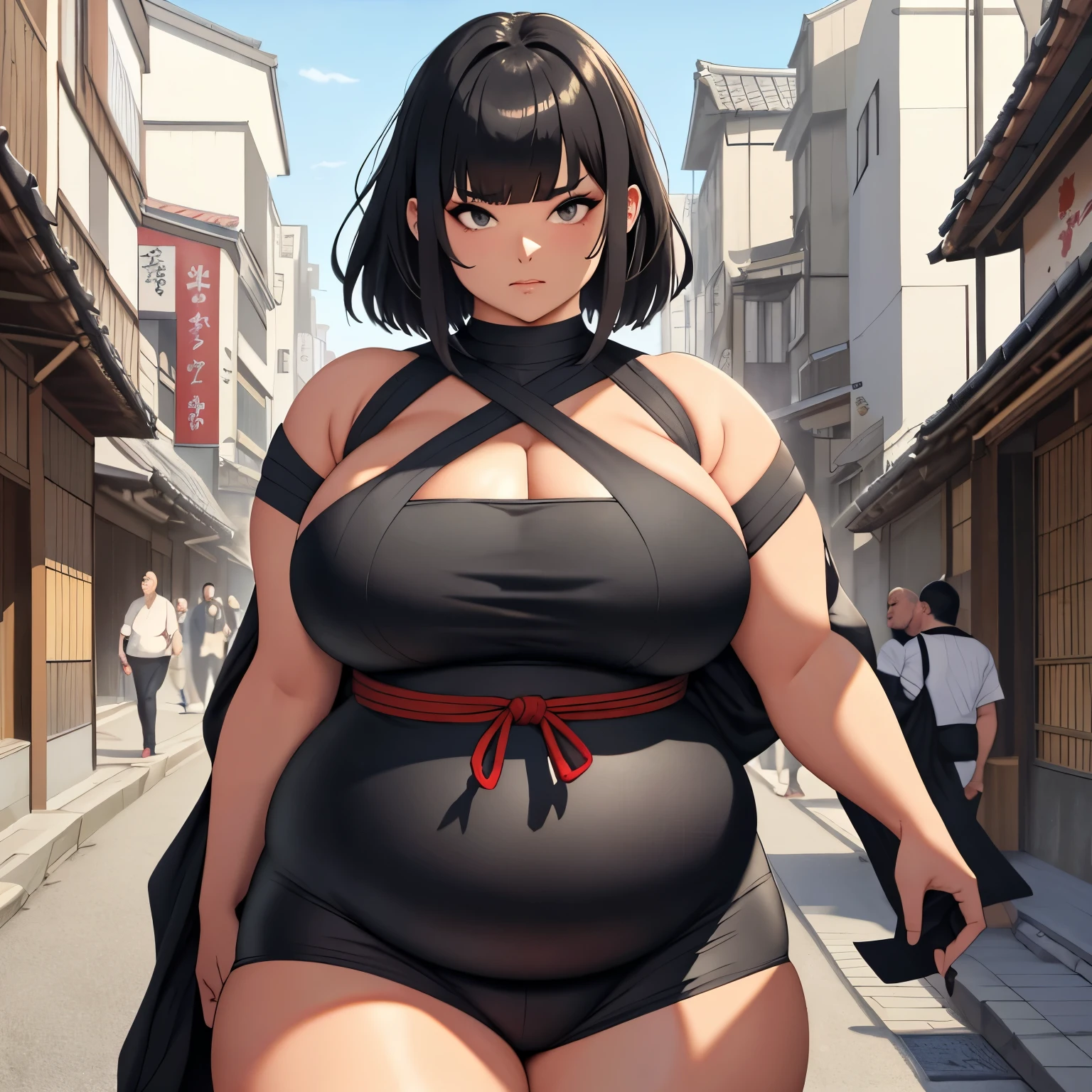 (Masterpiece), (detailed), (high res), (best quality), very fat sumo girl, black square haircut and long haircut, black eyes, tight ripped outgrown white mawashi sumo outfit, very fat sumo girl walking through medieval Japanese city street, very slim, dying from hunger, big breasts, morbid obese
