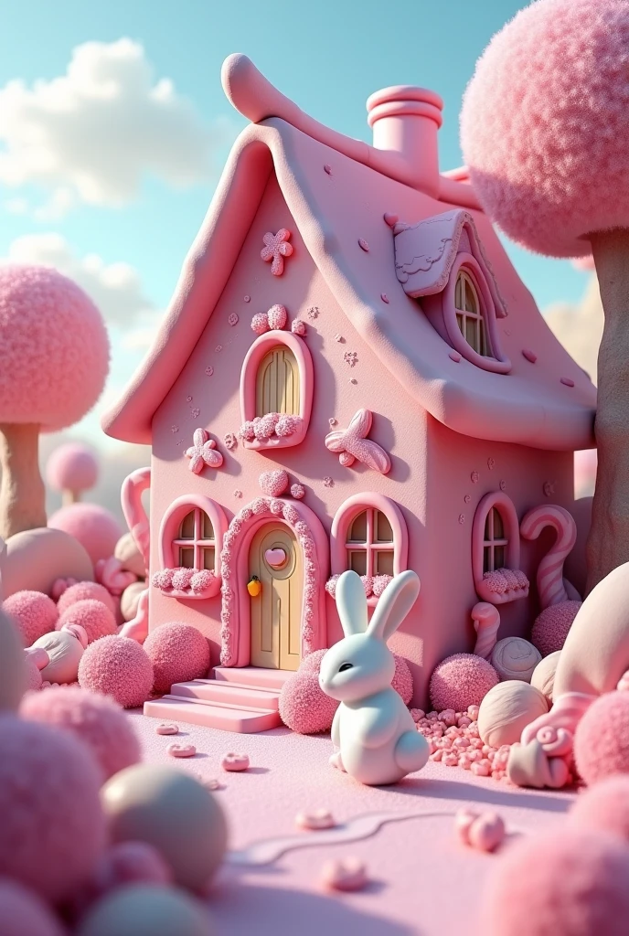 Enchanted house, pink with sweets and marshmallows and a white rabbit 