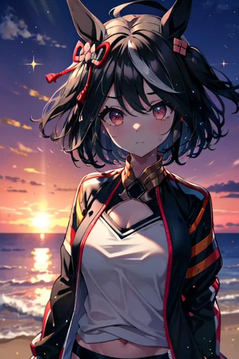 short wavy hair, barrette, black bikini, white jacket, standing pose, facing forward, smooth skin, wet skin, outdoor beach, suns...