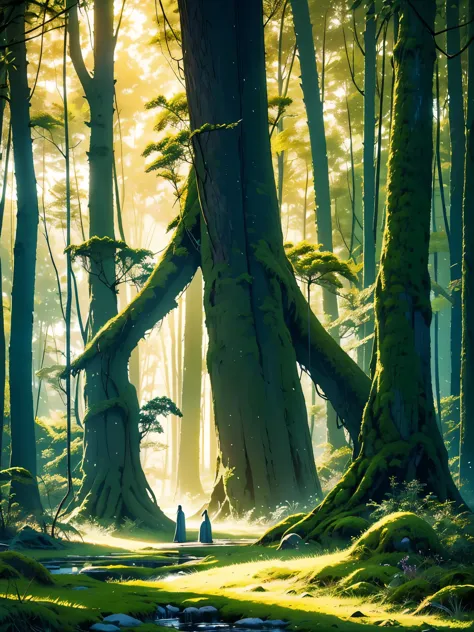 create an inspiring digital artwork that captures the serene beauty of an ancient forest at dusk. the scene should feature tower...