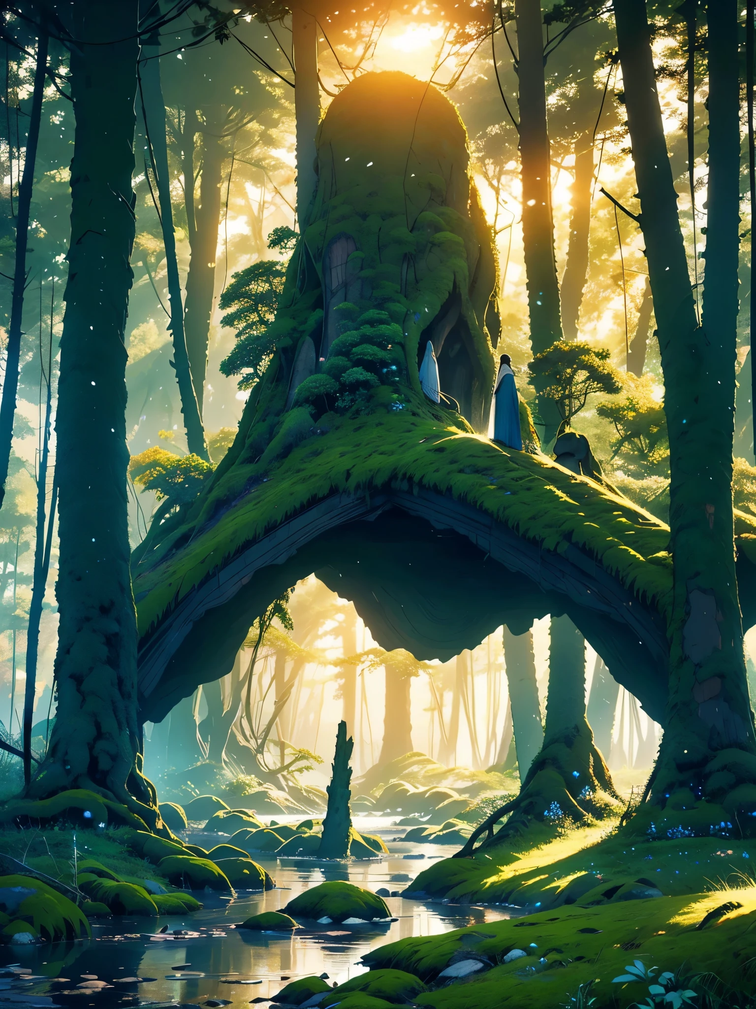 Create an inspiring digital artwork that captures the serene beauty of an ancient forest at dusk. The scene should feature towering trees bathed in gentle, golden light filtered through the foliage, casting soft shadows on the lush vegetation. The image should evoke a sense of tranquility and wonder, inviting viewers to immerse themselves in the enchanting realm of nature.