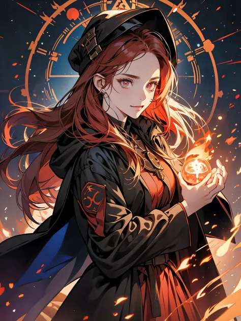 colorful portrait illustration, (attractive female as a black mage, hood covering part of the glowing red eyes, red hair coming ...