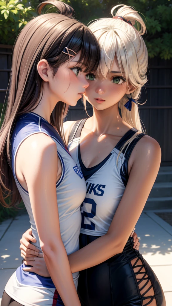 2woman kissing side by side, Wearing white and blue volleyball uniform, sleeveless, At the same height, (A black-haired woman, Tanning) (A blonde), small, sweating on breasts, masterpiece, best quality, Amazing shadows, Detailed background, Silk Shooting