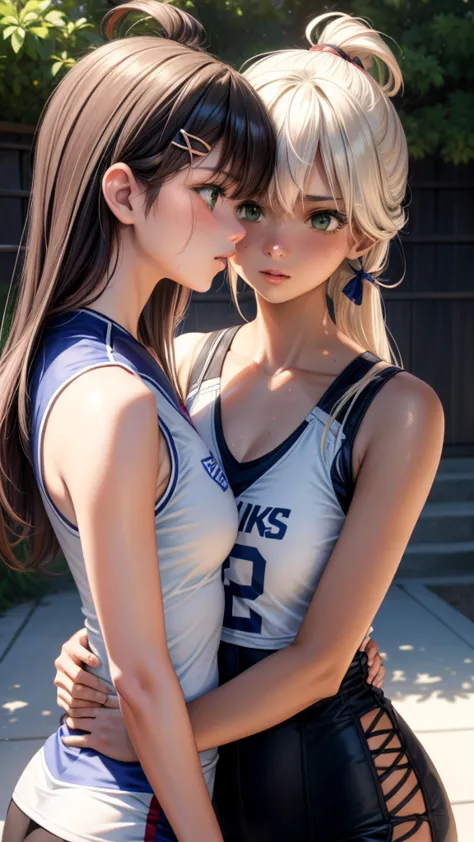 2woman kissing side by side, wearing white and blue volleyball uniform, sleeveless, at the same height, (a black-haired woman, t...