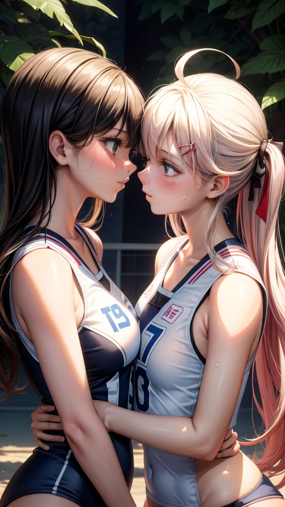 2woman kissing side by side, Wearing white and blue volleyball uniform, sleeveless, At the same height, (A black-haired woman, Tanning) (A blonde), small, sweating on breasts, masterpiece, best quality, Amazing shadows, Detailed background, Silk Shooting