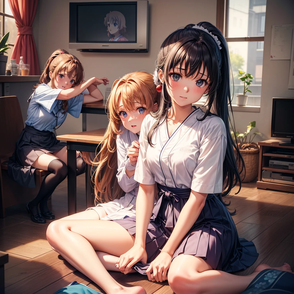 Ridiculous resolution, high resolution, (masterpiece: 1.4), Very detailed, (((Delicate face, Detailed expression)), Two girls, Girls and Girls, friends, best friends, classmate, Relax, Ponytail, Bob, sitting on floor, Sitting on the floor, Two people talking, Room Background, friends, Best Friend, Home, 1k, small room, curtain, floor, Television, table, Home clothes, Kyoto Animation, Kyoto Animation&#39;s atmosphere, (tearful)