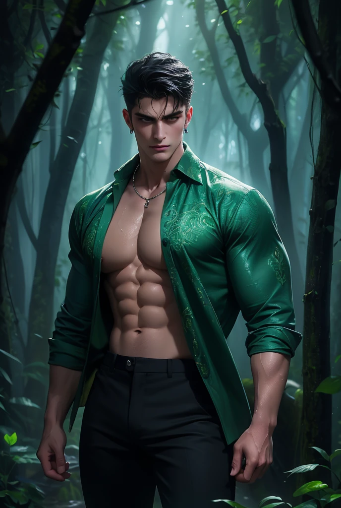 Oil painting of a strikingly handsome man with a lean, muscular build stands in the heart of a mystical forest at twilight, solo, perfect facial features, smooth skin, a hot glow in his skin, sexy gaze, looking at the viewers romantically, sexy expression, sexy posture, short hairstyle, ((wearing (emerald green color exquisite shirt) and black pants, jewellery), (open shirt showcasing chest and abs)), beautiful, gorgeous, wet, sensual, alluring, erotic, the mystical forest bathed in twilight, where towering ancient trees with twisted roots and glowing leaves create an otherworldly canopy, the ground is covered in soft moss and (bioluminescent mushrooms) that emit a gentle, ethereal light, faint (glowing orbs) float through the air, guiding the way deeper into the enchanted woods surrounding him, [magic:fantasy:mystical:1.5], digital painting, fine art, digital art, magical, mystical, ethereal, unique style, highly textured, intricate details, vibrant colors, (bioluminescence), absurdres, fantasy art, magic, surreal, symbolic, (oil painting:1.5), focus on the man, full length portrait,