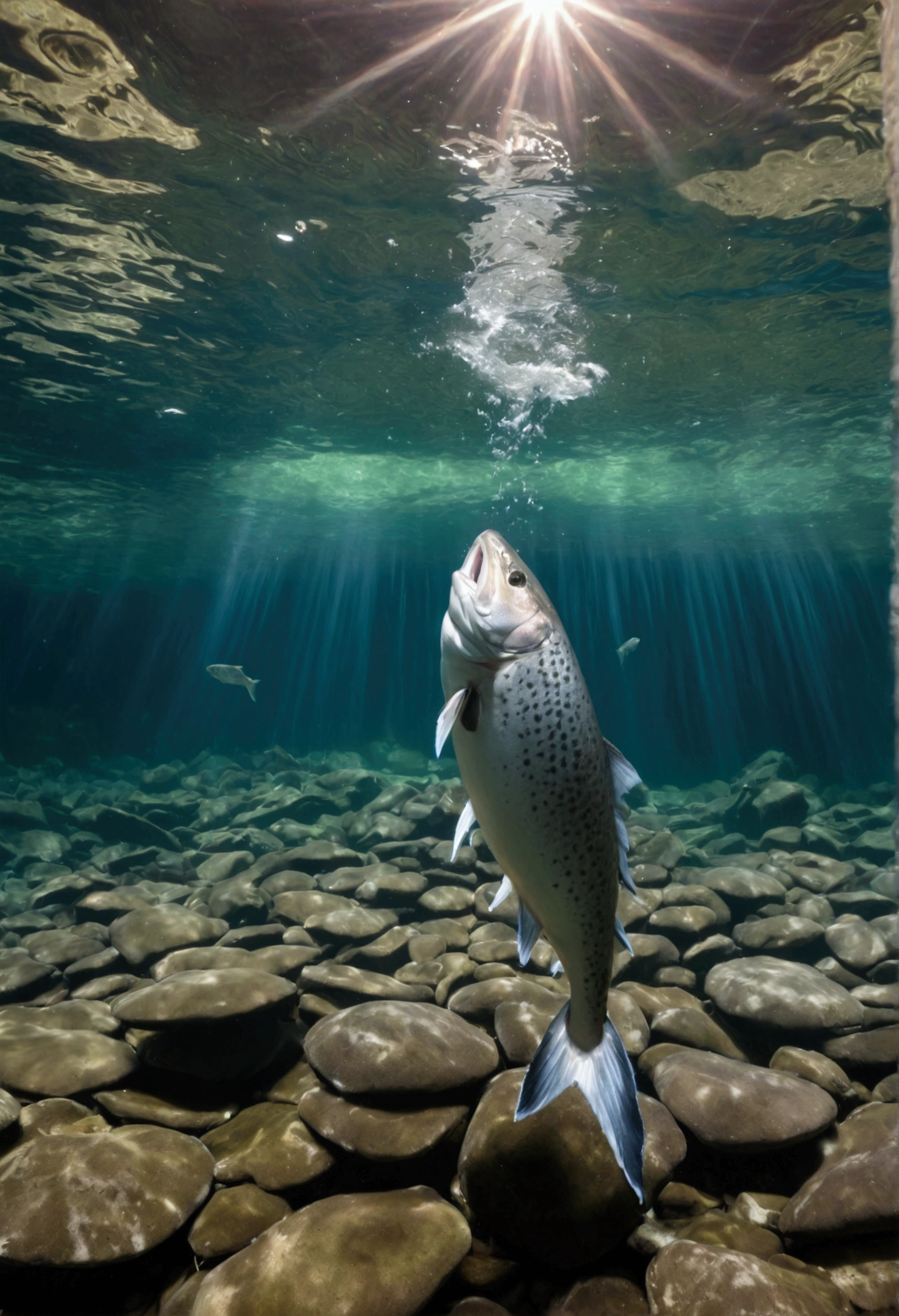 A huge salmon lives in a large waterfall basin, crystal clear water, bubbles form where the waterfall falls, air bubbles rise in the clear water, a large salmon swims leisurely in the water, the salmon opens its mouth towards us, an impressive figure, a beautiful fish body, the camera is at a low angle looking up at the salmon and the water surface, the blue sky and waterfall are visible through the water surface, sparkling sunlight shines through, high definition and realistic, detailed, strong shadows,