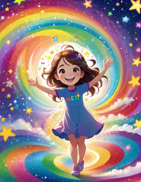 lily waves goodbye with a big, cheerful smile. the background is a bright, colorful swirl of rainbows, stars, and sparkles. the ...