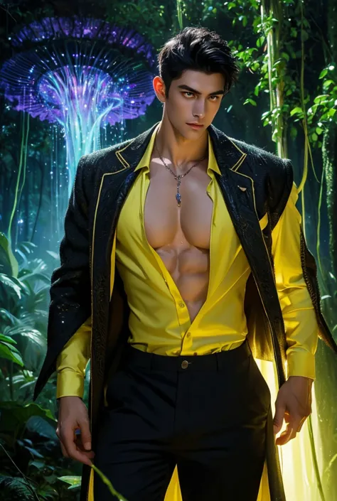 oil painting of a strikingly tall handsome young man with a lean, muscular build stands in the heart of a mystical forest at twi...