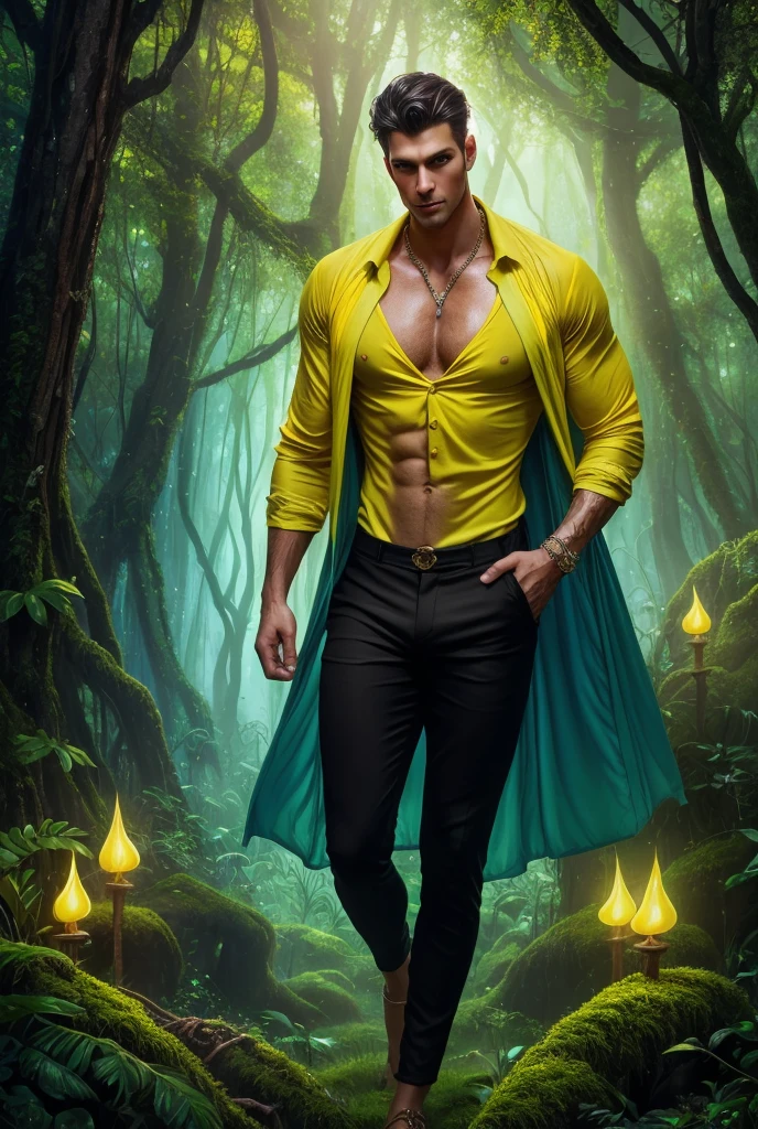 Oil painting of a strikingly tall handsome young man with a lean, muscular build stands in the heart of a mystical forest at twilight, solo, perfect facial features, smooth skin, a hot glow in his skin, sexy gaze, looking at the viewers romantically, sexy expression, sexy posture, short hairstyle, ((wearing (yellow color exquisite shirt) and black pants, jewellery), (open shirt showcasing chest and abs)), beautiful, gorgeous, wet, sensual, alluring, erotic, the mystical forest bathed in twilight, where towering ancient trees with twisted roots and glowing leaves create an otherworldly canopy, the ground is covered in soft moss and (bioluminescent mushrooms) that emit a gentle, ethereal light, faint (glowing orbs) float through the air, guiding the way deeper into the enchanted woods surrounding him, [magic:fantasy:mystical:1.5], digital painting, fine art, digital art, magical, mystical, ethereal, unique style, highly textured, intricate details, vibrant colors, (bioluminescence), absurdres, fantasy art, magic, surreal, symbolic, (oil painting:1.5), focus on the man, full length portrait,