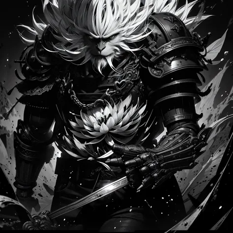 highest quality,(black and white painting),splash,splash art,anthropomorphic male monkey,wukong,detailed shoulder armor,gauntlet...