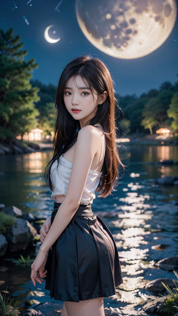 ulzzang-6500-v1.1, (RAW photo: 1.2), (Real photo), (Real photo: 1.4), 1 girl、Perfect anatomy、1、Looking at the camera、Medium length hair、skirt, beside a vast lake in the middle of a wild forest, ((under the night sky with moon and stars: 1.1))、 (Business service)、Asian eyes Ella,