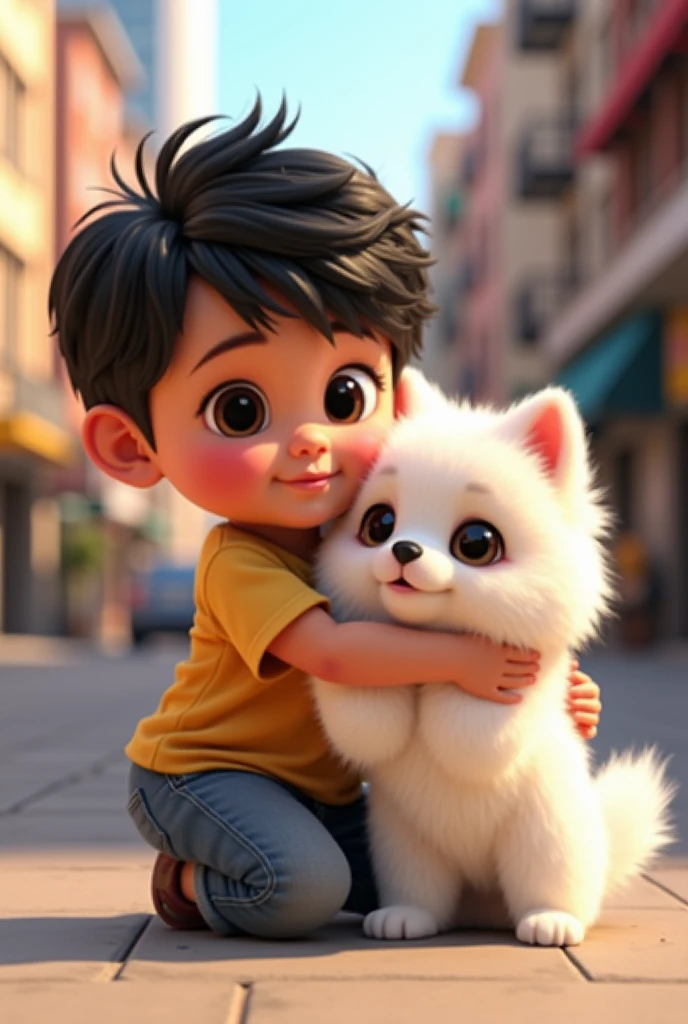 8 month old baby in street clothes、Black wavy short hair、Dark round eyes、Close your mouth completely、Hugging a white Pomeranian baby。Pixar 3D