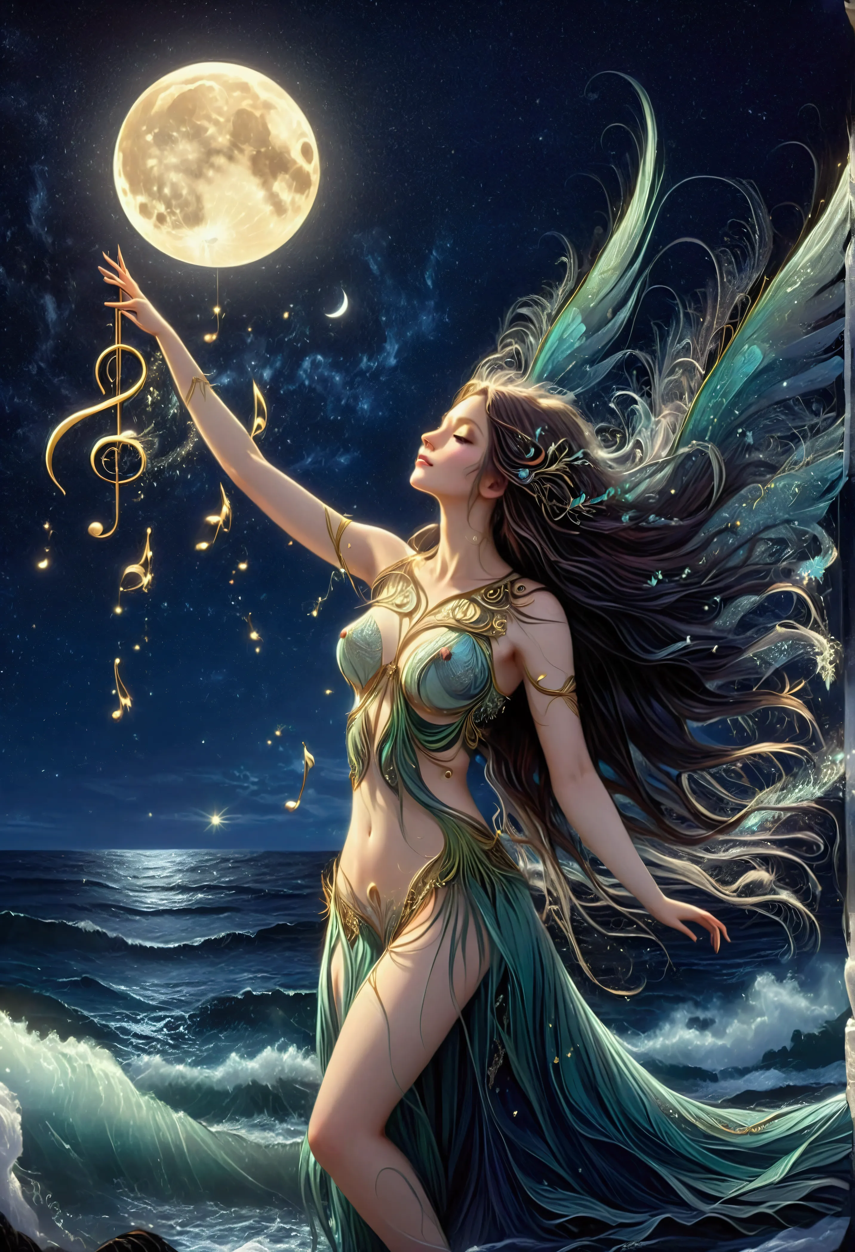 Mysterious bird winged siren, long flowing hair, ocean waves, moonlight, stars, ethereal, seaweed, enchanting, eerie, ancient magic, singing, musical notes, moonlit night, clear sky, scattered clouds, serene, haunting, fantasy art, digital art, high quality, detailed