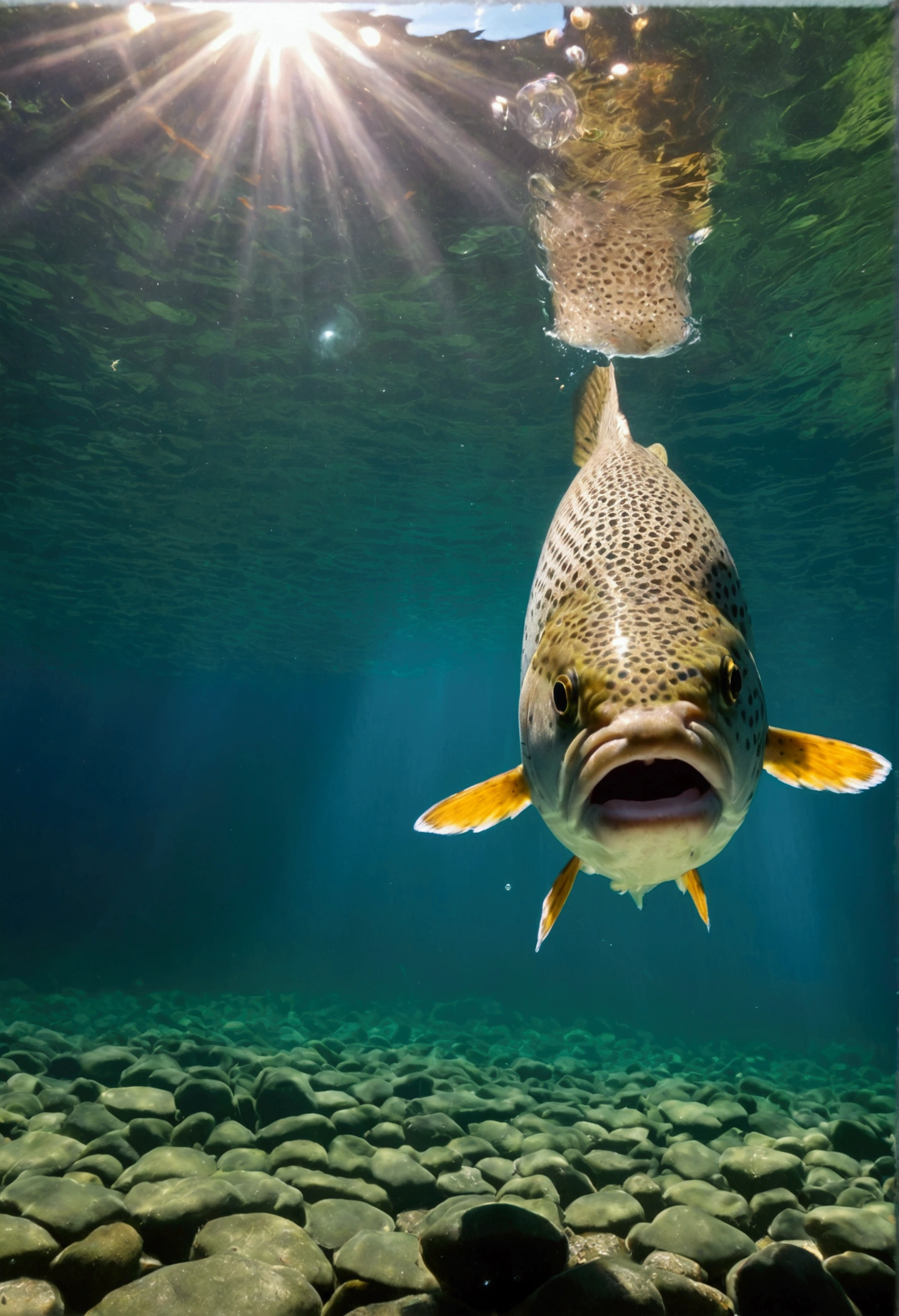 A huge salmon lives in a large waterfall basin, crystal clear water, bubbles form where the waterfall falls, air bubbles rise in the clear water, a large salmon swims leisurely in the water, the salmon opens its mouth towards us, an impressive figure, a beautiful fish body, the camera is at a low angle looking up at the salmon and the water surface, the blue sky and waterfall are visible through the water surface, sparkling sunlight shines through, high definition and realistic, detailed, strong shadows,