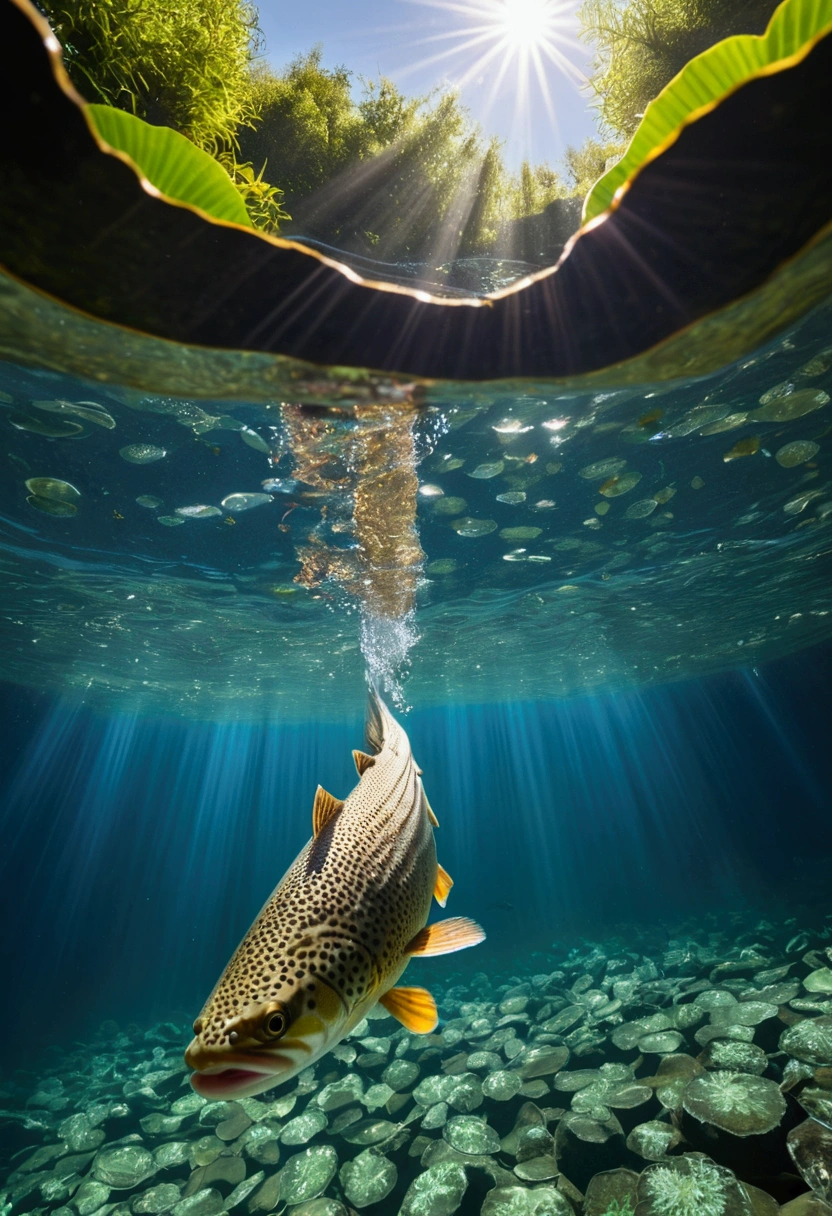 A huge salmon lives in a large waterfall basin, crystal clear water, bubbles form where the waterfall falls, air bubbles rise in the clear water, a large salmon swims leisurely in the water, the salmon opens its mouth towards us, an impressive figure, a beautiful fish body, the camera is at a low angle looking up at the salmon and the water surface, the blue sky and waterfall are visible through the water surface, sparkling sunlight shines through, high definition and realistic, detailed, strong shadows,