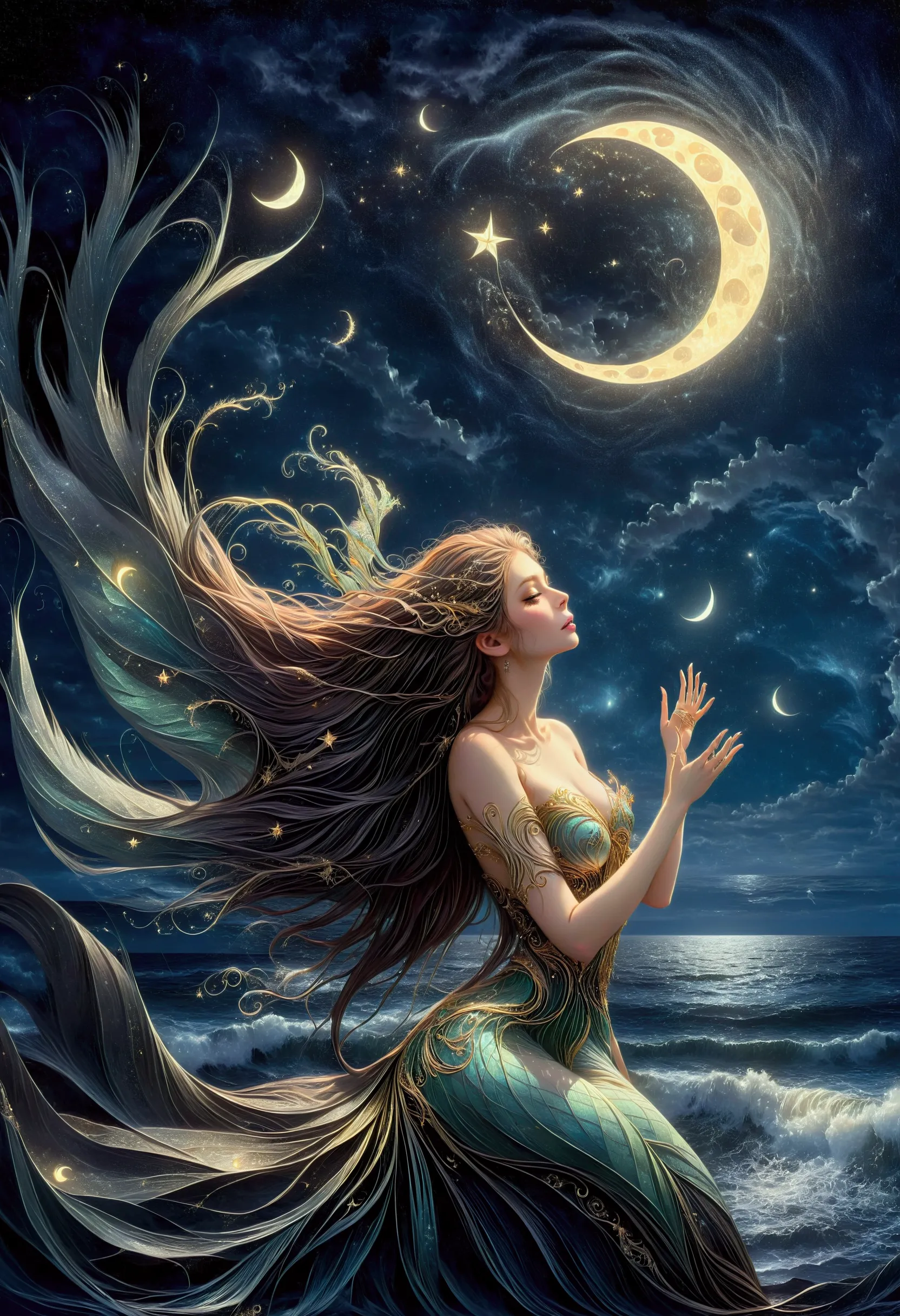 Mysterious bird winged siren, long flowing hair, ocean waves, moonlight, stars, ethereal, seaweed, enchanting, eerie, ancient magic, singing, musical notes, moonlit night, clear sky, scattered clouds, serene, haunting, fantasy art, digital art, high quality, detailed