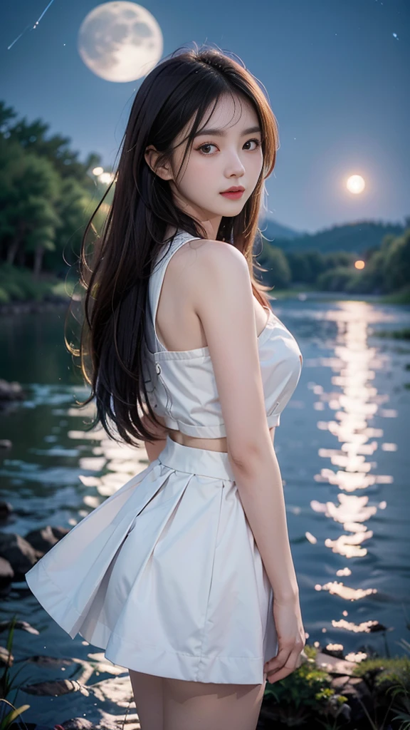 ulzzang-6500-v1.1, (RAW photo: 1.2), (Real photo), (Real photo: 1.4), 1 girl、Perfect anatomy、1、Looking at the camera、Medium length hair、white skirt, beside a vast lake in the middle of a wild forest, ((under the night sky with moon and stars: 1.1))、 (Business service)、Asian eyes Ella,