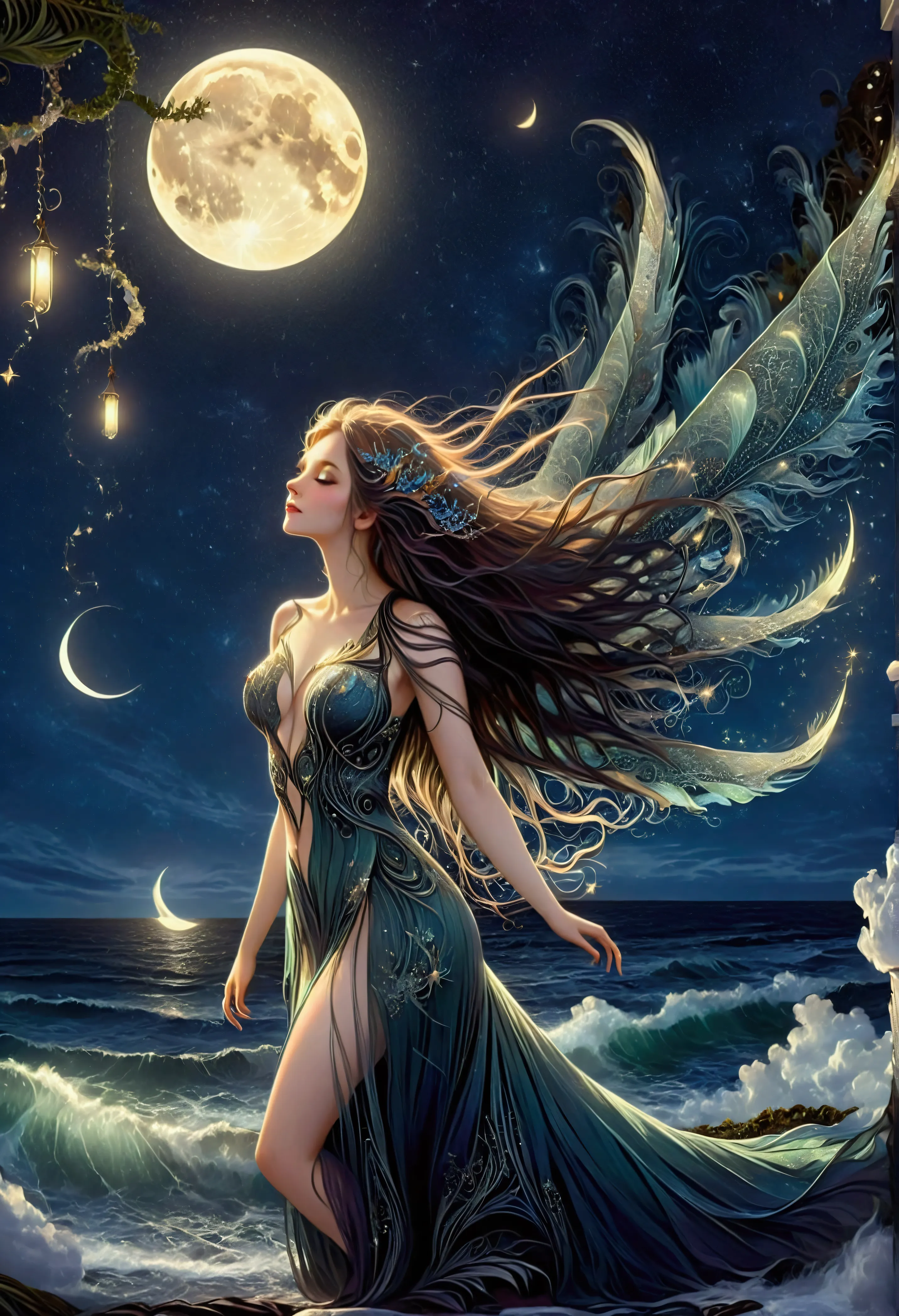 Mysterious bird winged siren, long flowing hair, ocean waves, moonlight, stars, ethereal, seaweed, enchanting, eerie, ancient magic, singing, musical notes, moonlit night, clear sky, scattered clouds, serene, haunting, fantasy art, digital art, high quality, detailed