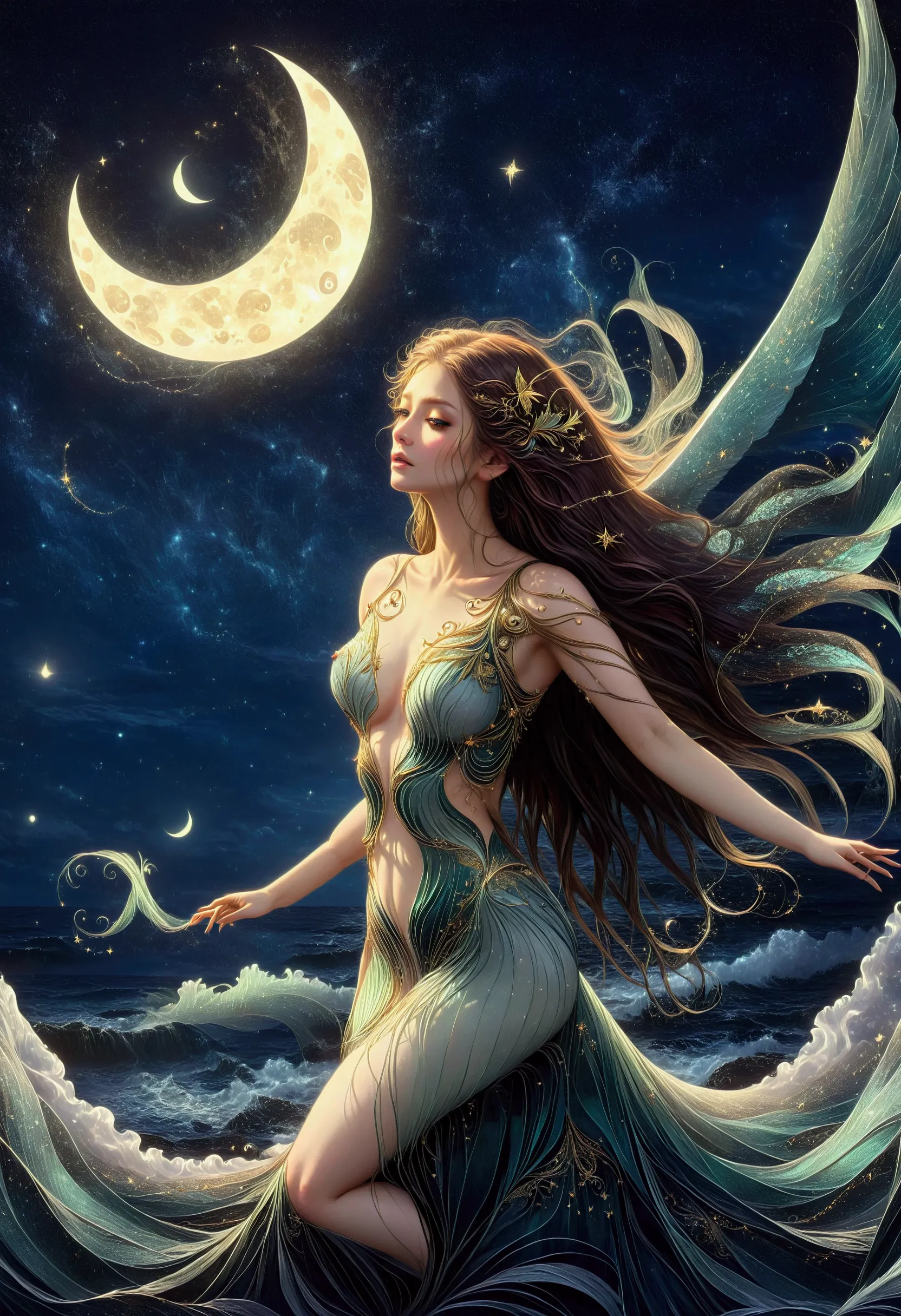 Mysterious bird winged siren, long flowing hair, ocean waves, moonlight, stars, ethereal, seaweed, enchanting, eerie, ancient magic, singing, musical notes, moonlit night, clear sky, scattered clouds, serene, haunting, fantasy art, digital art, high quality, detailed