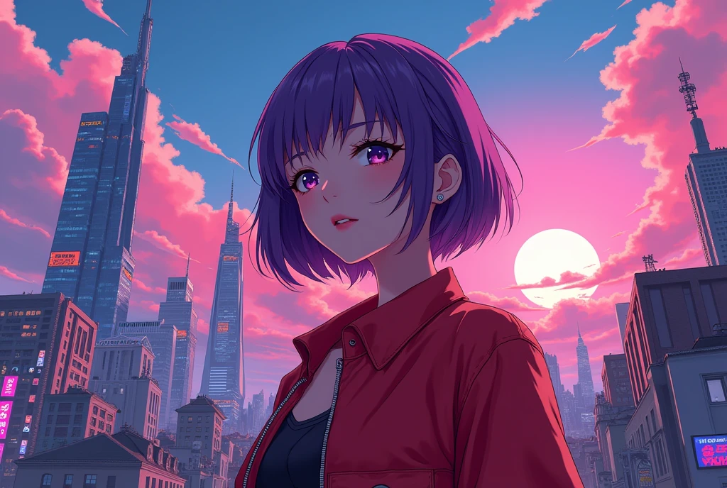 Close-up of the city with neon sunset in the background, Synthwave City, vaporwave city, Synthwave aesthetics, Neon City in the background, Background of Neo Tokyo, Neon metropolis in the background, Futuristic urban background, cyberpunk aesthetics, The city's backstory is cyberpunk, Purple Cyberpunk City, cyberpunk city background, cyberpunk aesthetics, cyberpunk atmosphere, Cyberpunk cityscape,anime clouds, Anime background, anime sky, in style of makoto shinkai, Beautiful puffy clouds. the anime, style of makoto shinkai, makoto sinkai!, beautiful anime scenery, based on Makoto Shinkai, Anime Landscape Wallpaper, makoto sinkai!!, Makoto Shinkai art style,japanaese girl,pale skin,beatiful face(purple hair)red jacket,Tokyo at night, with Cyberpunk style,Japanese streetwear,Tokyo Fashion,In a Cyberpunk 2 jacket 0 7 7,Full-length,attractive pose,Bottom view