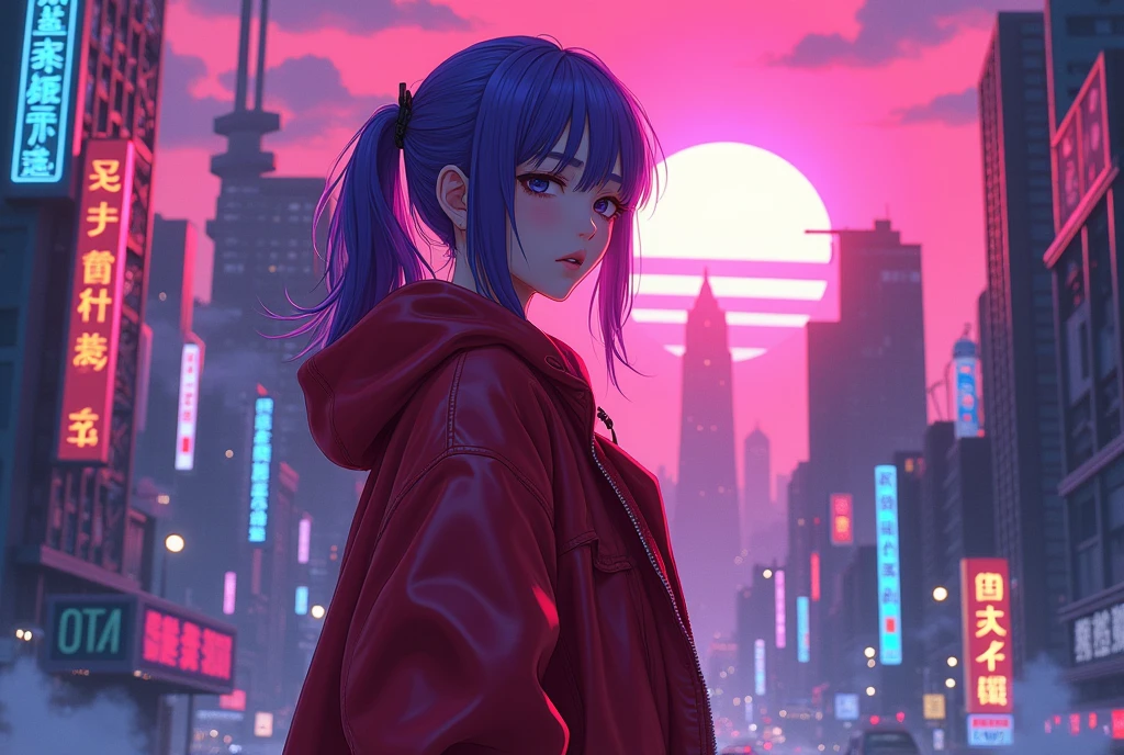 Close-up of the city with neon sunset in the background, Synthwave City, vaporwave city, Synthwave aesthetics, Neon City in the background, Background of Neo Tokyo, Neon metropolis in the background, Futuristic urban background, cyberpunk aesthetics, The city's backstory is cyberpunk, Purple Cyberpunk City, cyberpunk city background, cyberpunk aesthetics, cyberpunk atmosphere, Cyberpunk cityscape,anime clouds, Anime background, anime sky, in style of makoto shinkai, Beautiful puffy clouds. the anime, style of makoto shinkai, makoto sinkai!, beautiful anime scenery, based on Makoto Shinkai, Anime Landscape Wallpaper, makoto sinkai!!, Makoto Shinkai art style,japanaese girl,pale skin,beatiful face(purple hair)red jacket,Tokyo at night, with Cyberpunk style,Japanese streetwear,Tokyo Fashion,In a Cyberpunk 2 jacket 0 7 7,Full-length,attractive pose,Bottom view