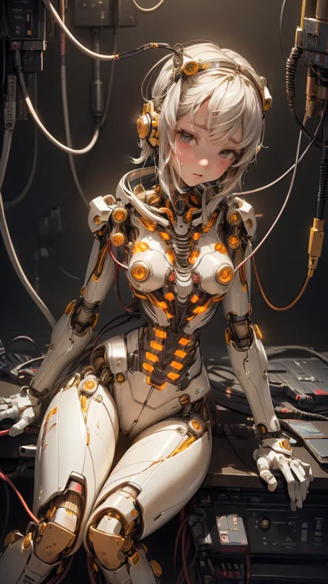 (((masterpiece))), (((Highest quality))), ((Very detailed)), (Highly detailed CG illustrations), ((Very delicate and beautiful)),(Cute delicate face),Cinematic Light,((1. Machine Girl)),alone,whole body,(Machine made joints:1.4),((Mechanical limbs)),(Blood vessels connected to tubes),((Mechanical vertebrae attached to the back)),((Cervical vertebrae mechanically attached to the neck)),((Sitting)),Expressionless,(Wires and cables connecting the head and body:1.5),(Character Focus),sf