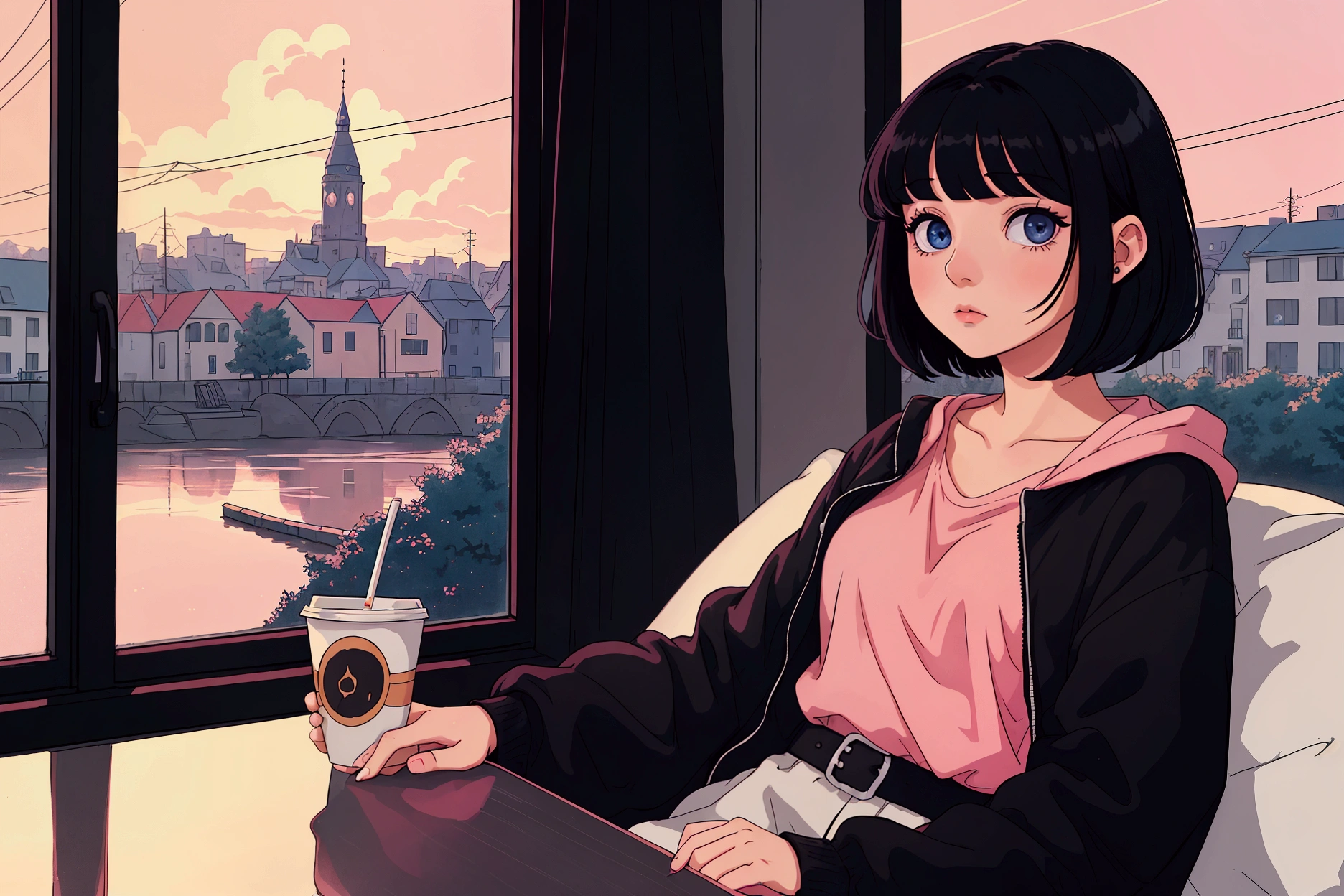 A girl with short black hair and cat, wearing dark clothes,with shiny hair with a relaxing atmosphere. night,coffe, She is a little further away, with a view of her from the waist up, listening to music, and the detailed and vibrant colors, reflecting an 80s and 90s anime aesthetic, mixed with a touch of Fujifilm aesthetics. The girl has beautiful eyes, and the entire composition is in 4K, capturing the lofi aesthetic with a soft and tranquil atmosphere.