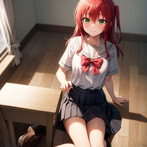 red_hair, long_hair, bangs, hair_between_eyes, one_side_up, green_eyes, smile, black footwear, black skirt, grey sailor collar, ...