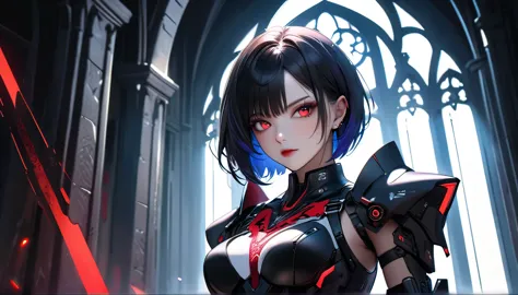 a portrait of mecha female vampire in a dark gothic cyberpunk church, an exotic exquisite beautiful mecha female vampire, dynami...