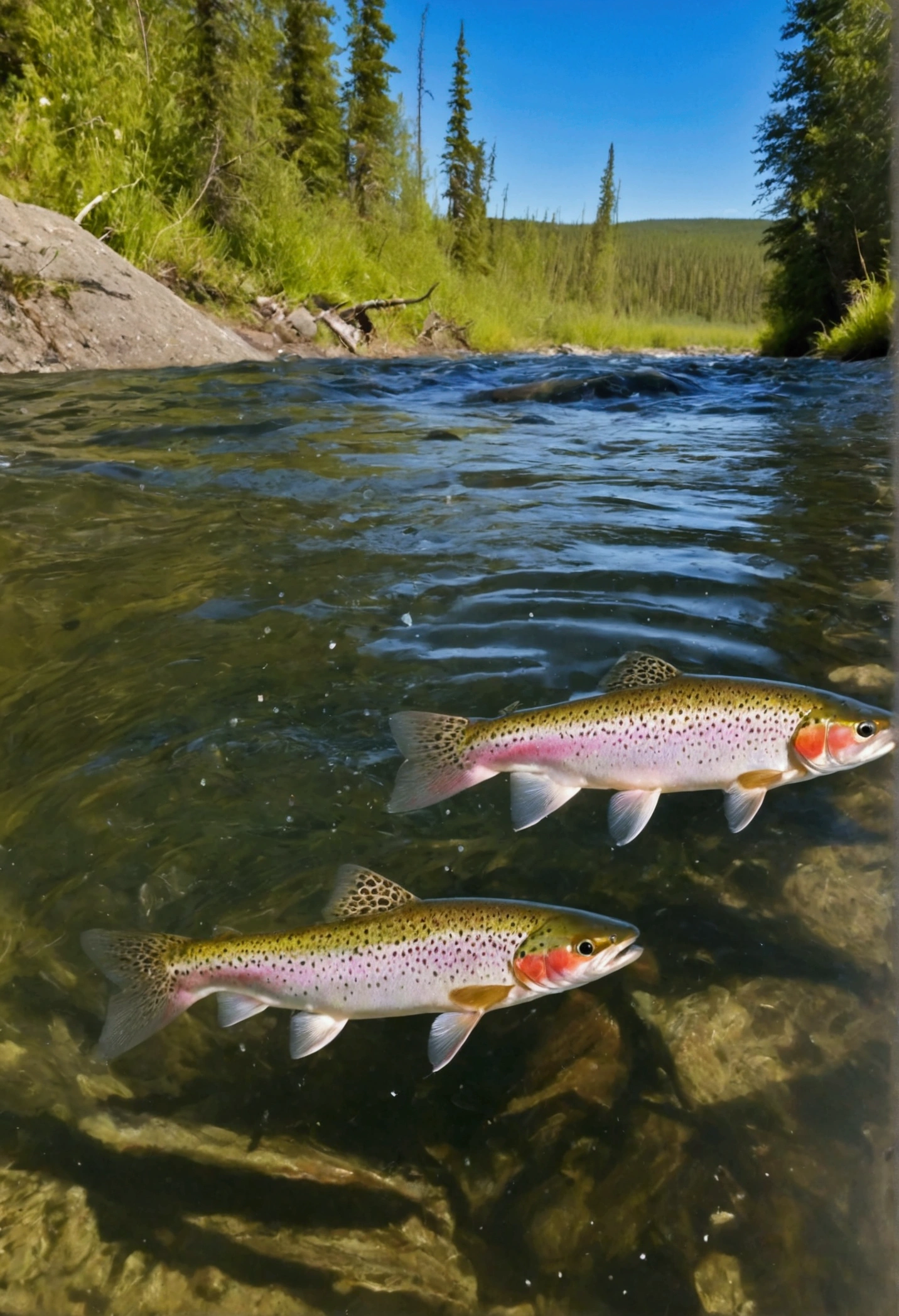 Early summer in Canada, Yukon River. Small, white mayflies swarm and dance wildly on the river surface. A single rainbow trout jumps across the choppy river surface to prey on the mayflies. In the early summer sunshine, the trout's body sparkles and splashes of water. A powerful scene. The camera focuses on the movement of the rainbow trout and the splashes of water. High-definition, realistic, detailed depiction of an early summer mountain stream with a swarm of mayflies dancing.